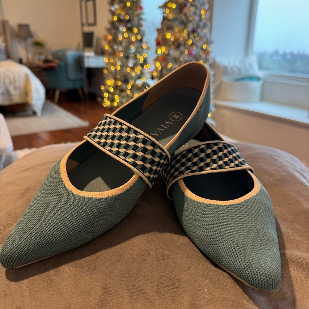 Vivaia Green Flats with Checkered Strap
